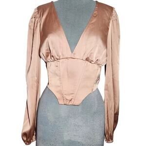 Tan V Neck Satin Blouse Size Medium